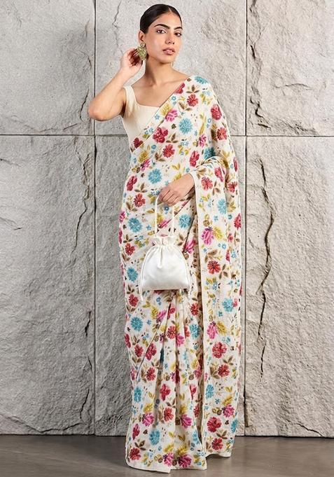 Off White Floral Print Crepe Pre Draped Saree Set