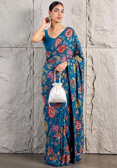 Light Blue Floral Print Crepe Pre Draped Saree Set
