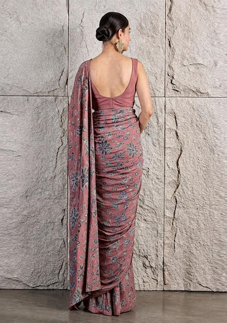 Mauve Floral Print Crepe Pre Draped Saree Set - Indya