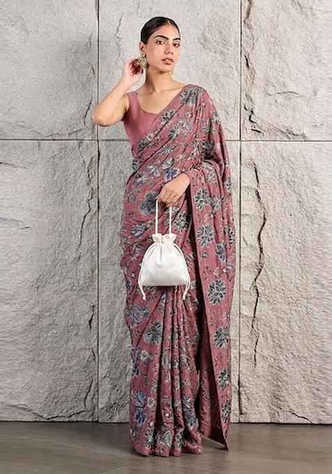 Mauve Floral Print Crepe Pre Draped Saree Set