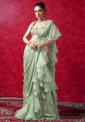 Green Embroidered Handwork Pre Draped Saree Set