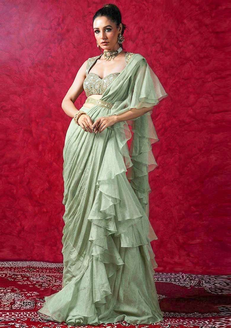 Green Embroidered Handwork Pre Draped Saree Set - Indya