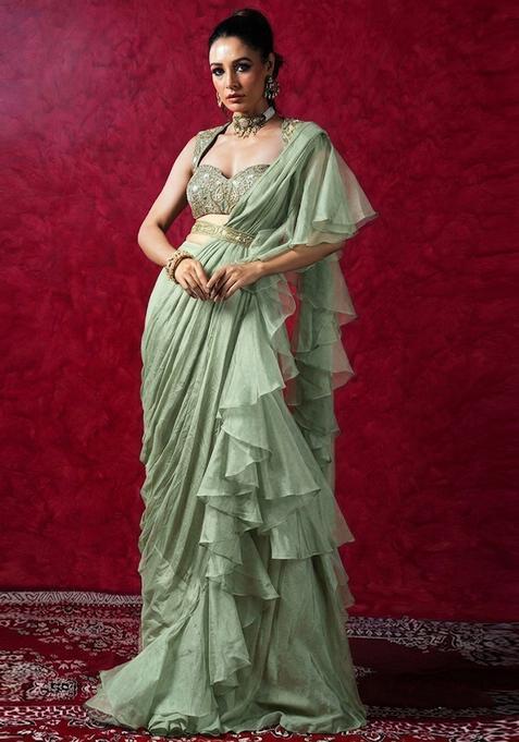 Green Embroidered Handwork Pre Draped Saree Set