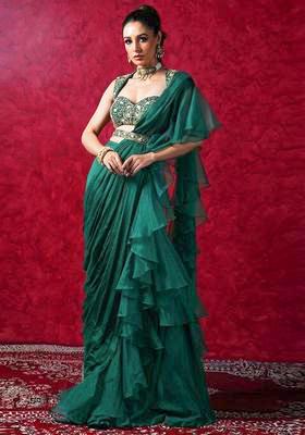 Green Embroidered Handwork Pre Draped Saree Set