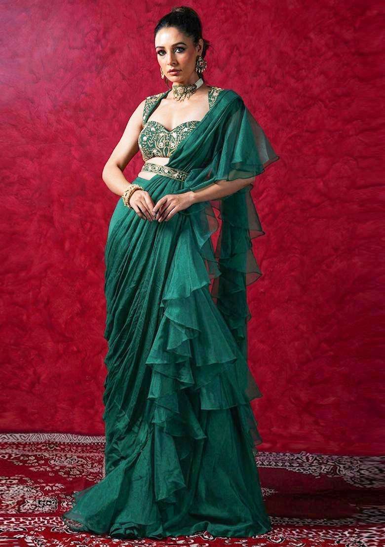 Green Embroidered Handwork Pre Draped Saree Set - Indya