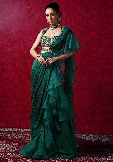 Green Embroidered Handwork Pre Draped Saree Set