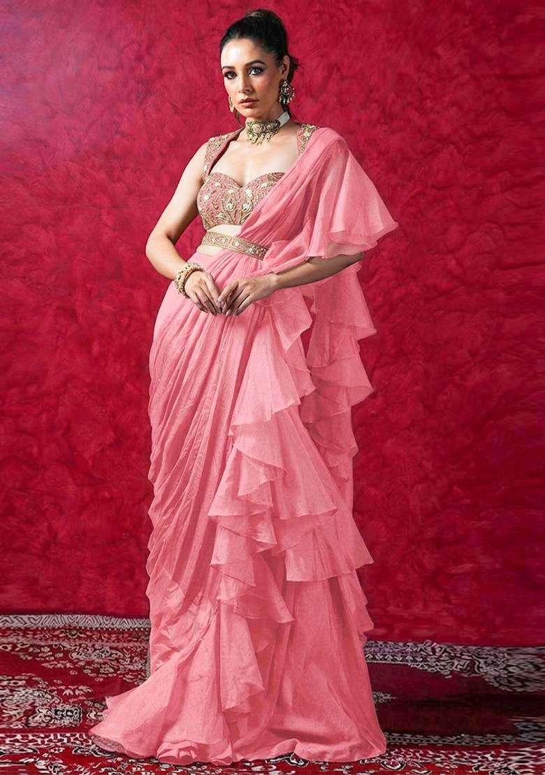 Pink Embroidered Handwork Pre Draped Saree Set - Indya