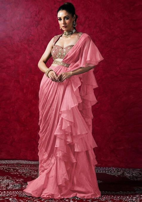 Pink Embroidered Handwork Pre Draped Saree Set