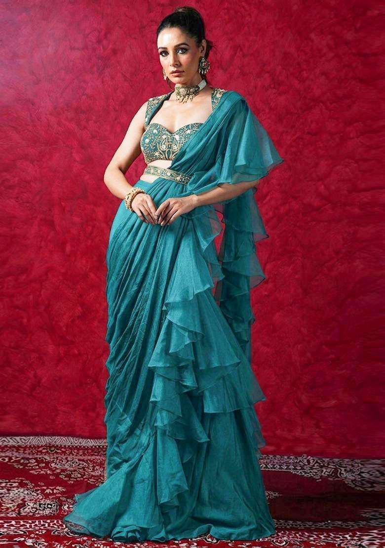 Blue Embroidered Handwork Pre Draped Saree Set - Indya