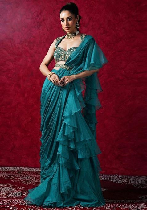 Blue Embroidered Handwork Pre Draped Saree Set