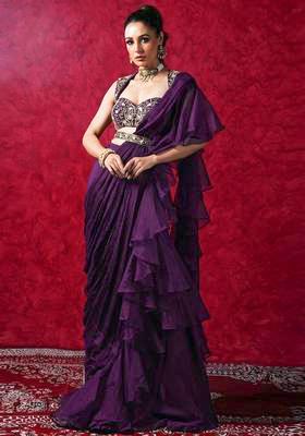 Plum Violet Embroidered Handwork Pre Draped Saree Set