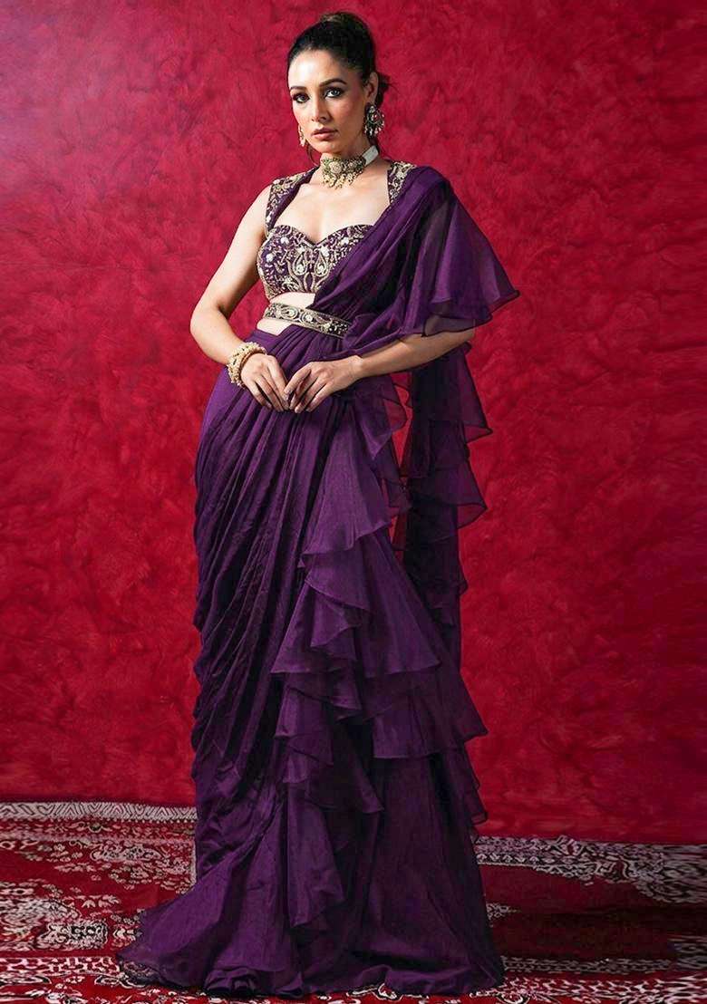 Plum Violet Embroidered Handwork Pre Draped Saree Set - Indya