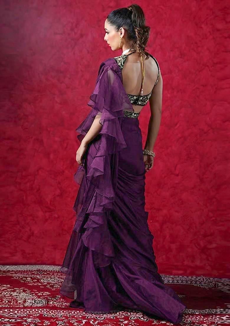 Plum Violet Embroidered Handwork Pre Draped Saree Set - Indya