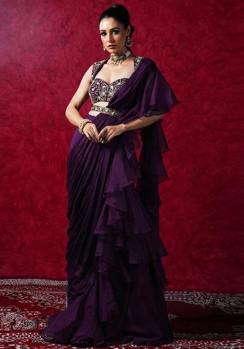 Plum Violet Embroidered Handwork Pre Draped Saree Set