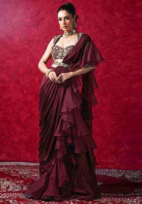 Wine Embroidered Handwork Pre Draped Saree Set