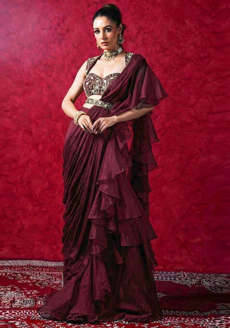 Wine Embroidered Handwork Pre Draped Saree Set - Indya