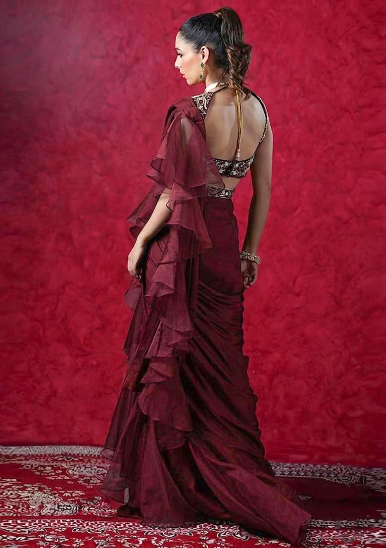 Wine Embroidered Handwork Pre Draped Saree Set - Indya