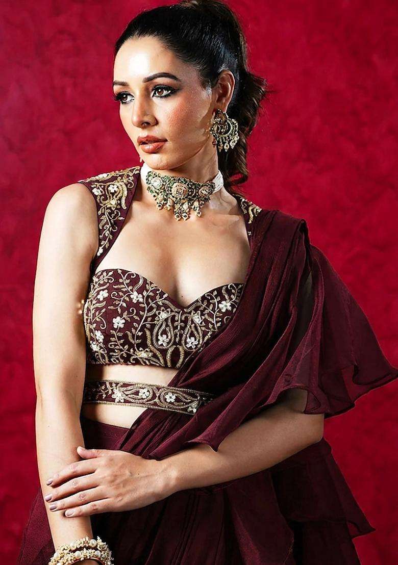 Wine Embroidered Handwork Pre Draped Saree Set - Indya