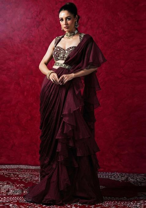 Wine Embroidered Handwork Pre Draped Saree Set