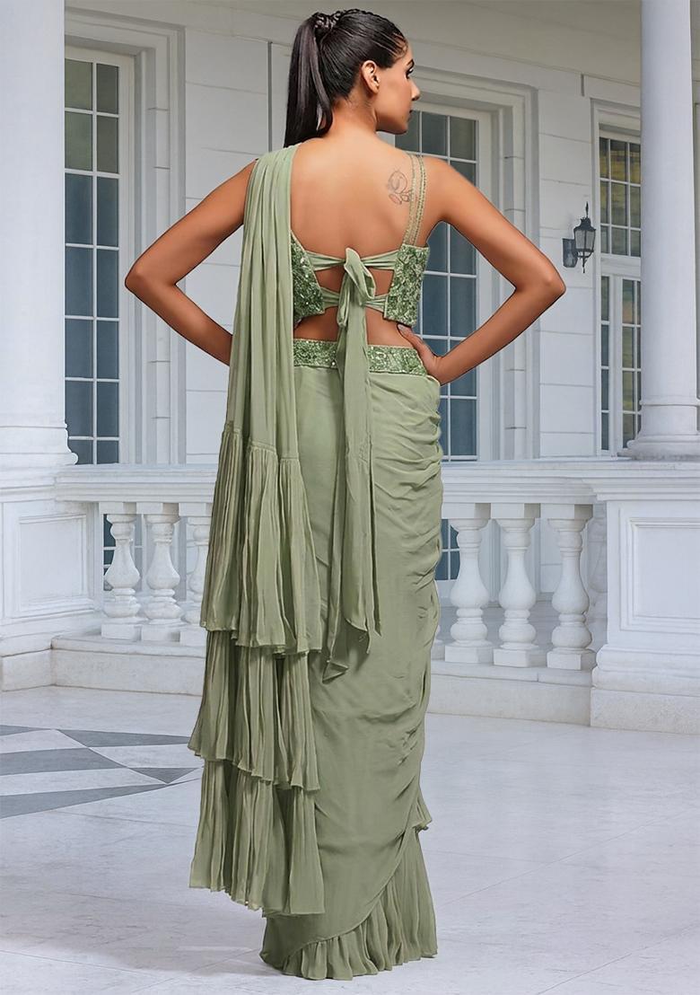 Green Embroidered Handwork Pre Draped Saree Set - Indya