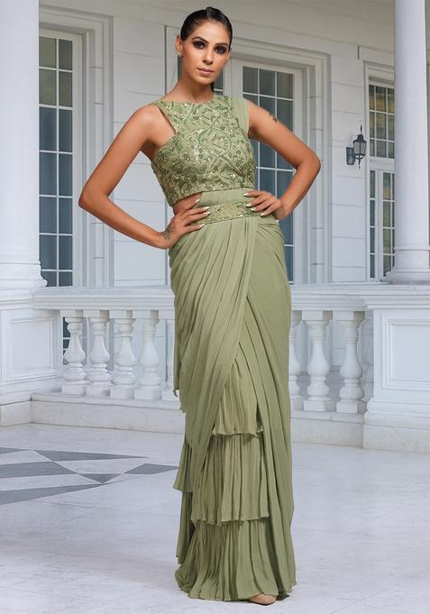 Green Embroidered Handwork Pre Draped Saree Set