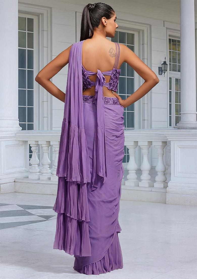 Purple Embroidered Handwork Pre Draped Saree Set - Indya