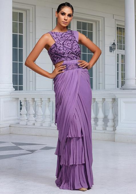 Purple Embroidered Handwork Pre Draped Saree Set