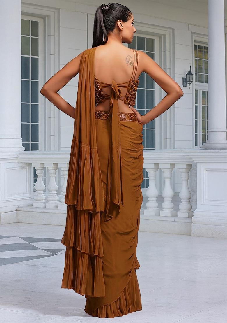 Copper Brown Embroidered Handwork Pre Draped Saree Set - Indya
