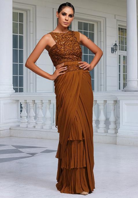 Brown Embroidered Handwork Pre Draped Saree Set