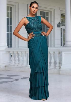 Green Embroidered Handwork Pre Draped Saree Set