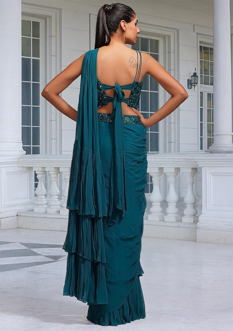Green Embroidered Handwork Pre Draped Saree Set - Indya