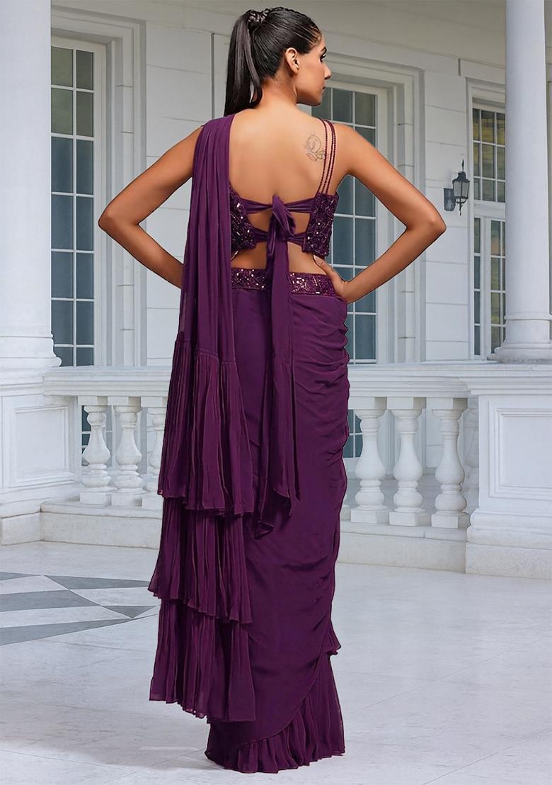 Violet Embroidered Handwork Pre Draped Saree Set - Indya