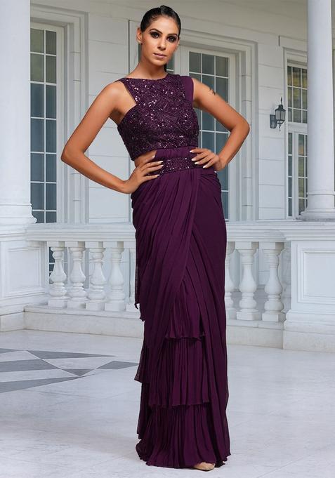 Violet Embroidered Handwork Pre Draped Saree Set