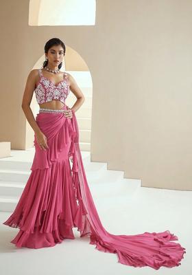 Pink Embroidered Handwork Pre Draped Saree Set