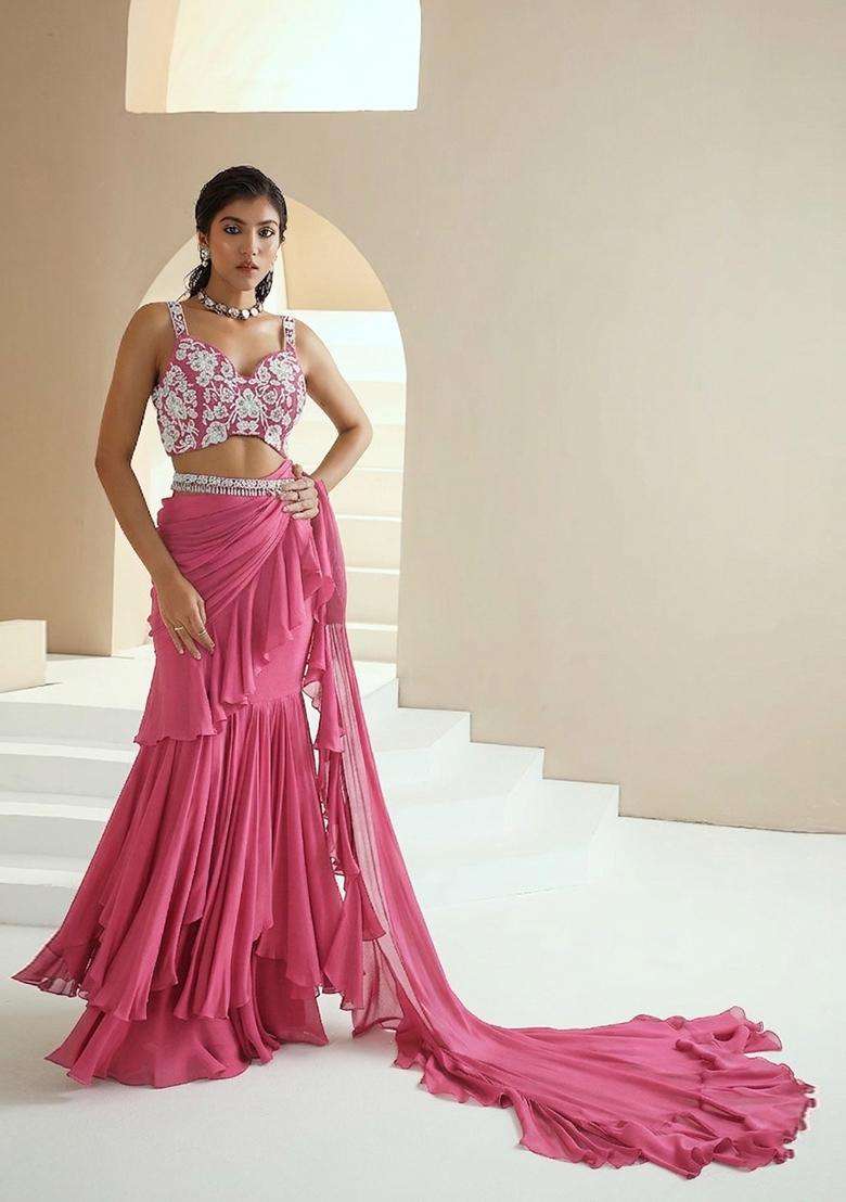Pink Embroidered Handwork Pre Draped Saree Set - Indya