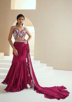 Wine Pink Embroidered Handwork Pre Draped Saree Set