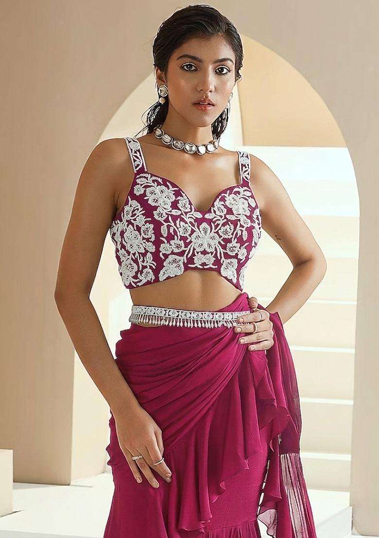Wine Pink Embroidered Handwork Pre Draped Saree Set - Indya