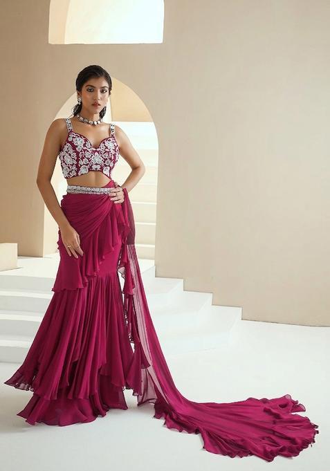 Red Embroidered Handwork Pre Draped Saree Set