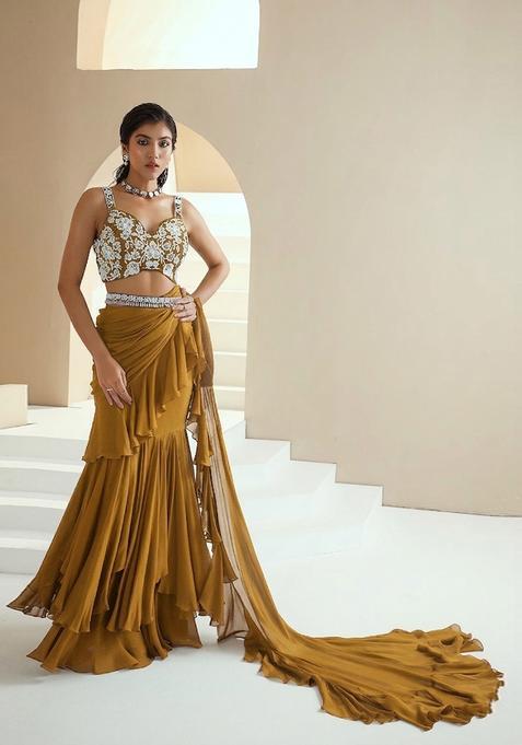 Mango Mojito Embroidered Handwork Pre Draped Saree Set