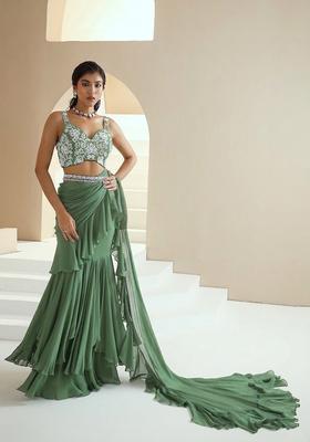 Green Embroidered Handwork Pre Draped Saree Set