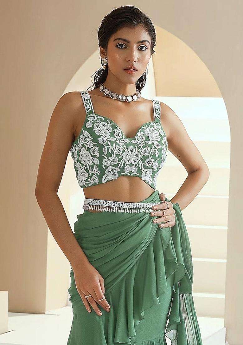 Green Embroidered Handwork Pre Draped Saree Set - Indya