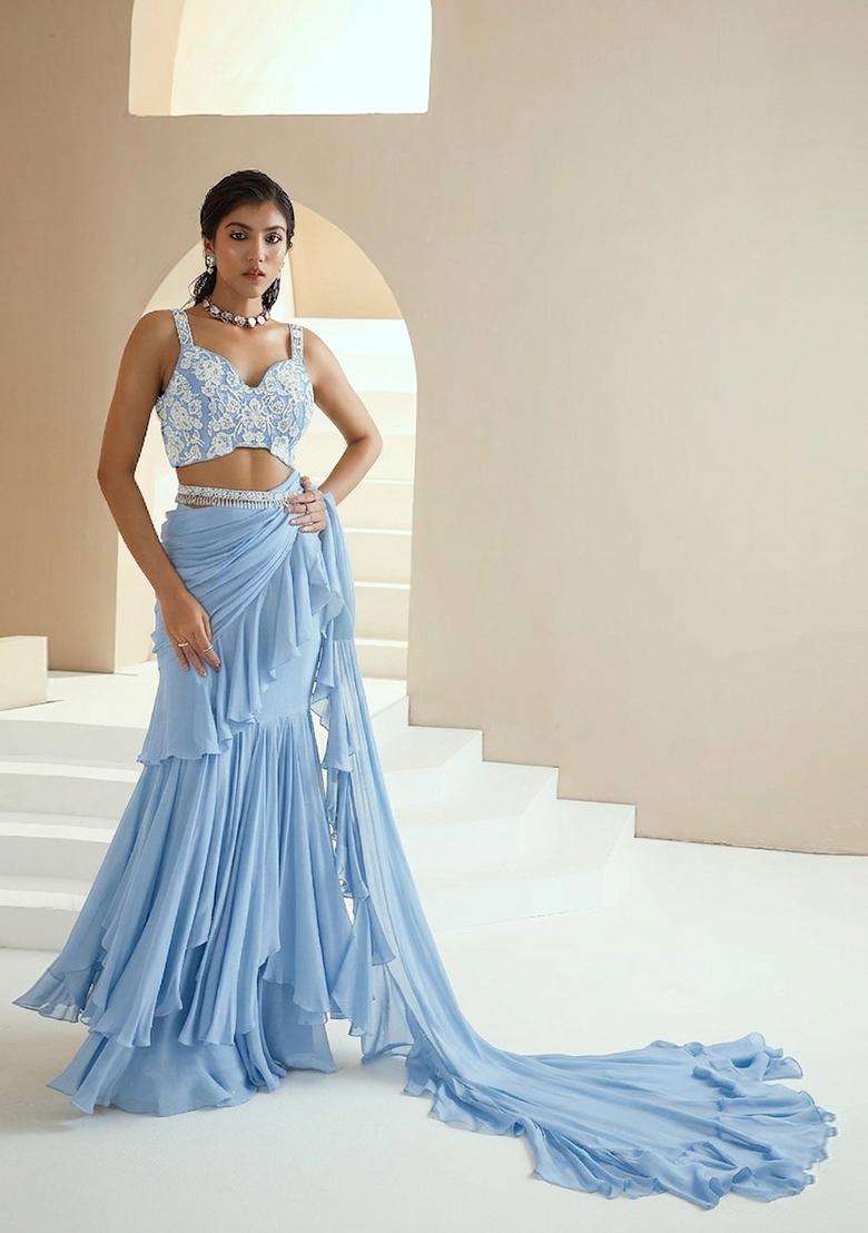 Light Blue Embroidered Handwork Pre Draped Saree Set - Indya