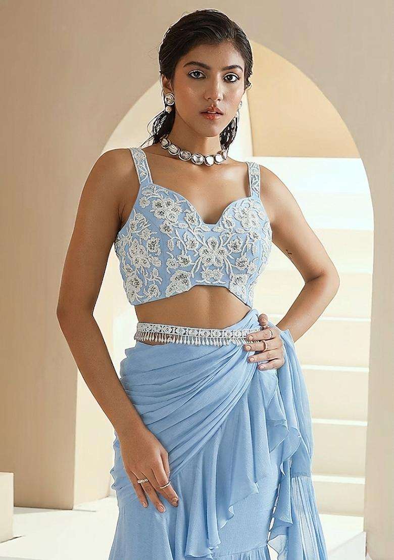 Light Blue Embroidered Handwork Pre Draped Saree Set - Indya