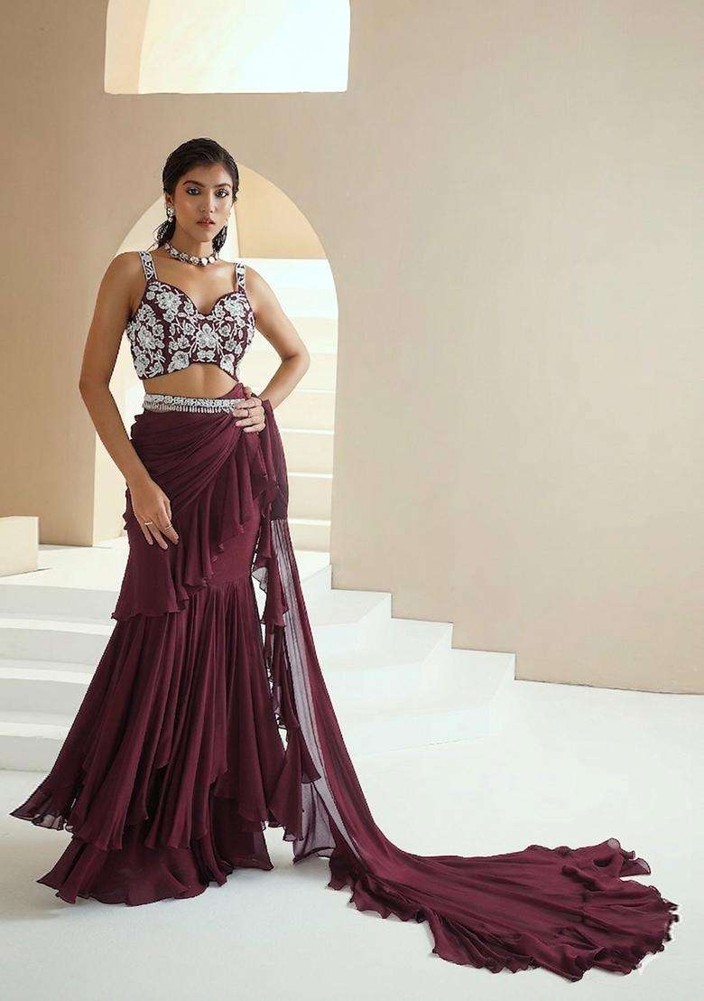 Burgundy Embroidered Handwork Pre Draped Saree Set - Indya