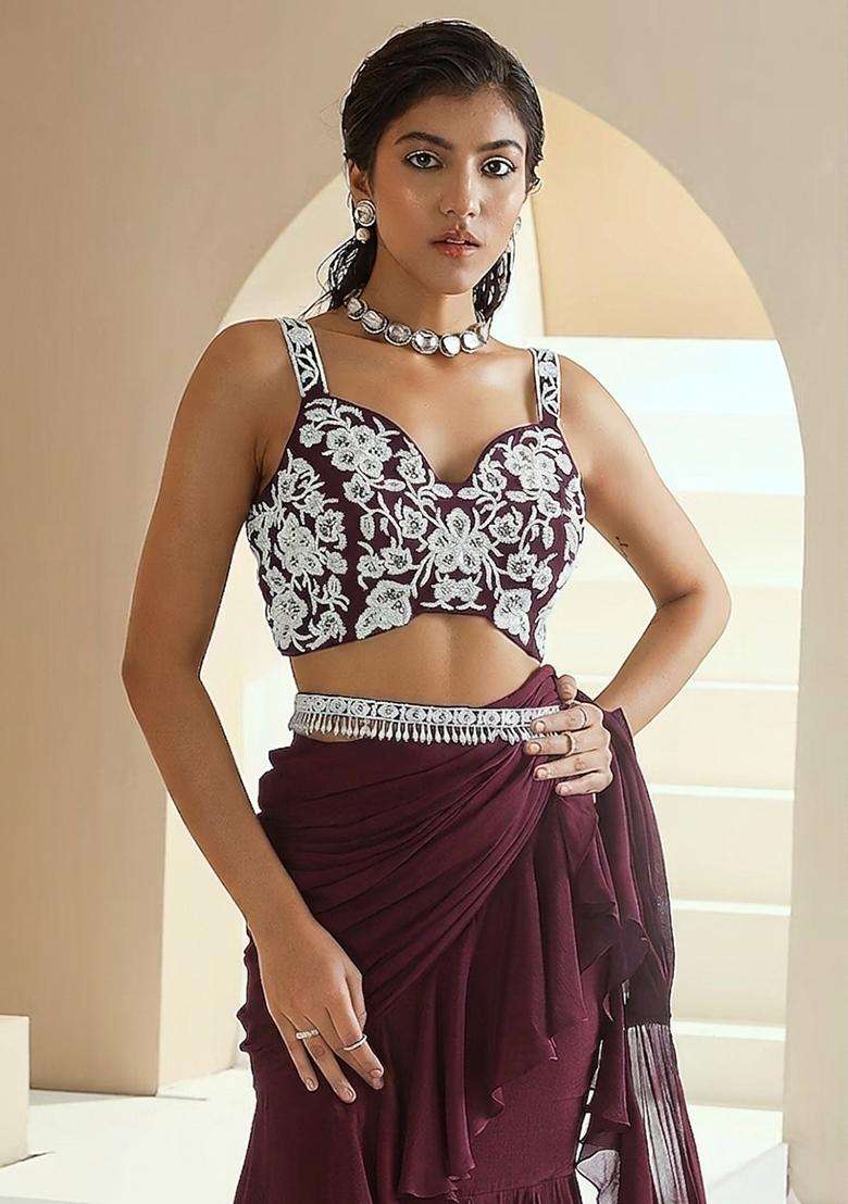 Burgundy Embroidered Handwork Pre Draped Saree Set - Indya