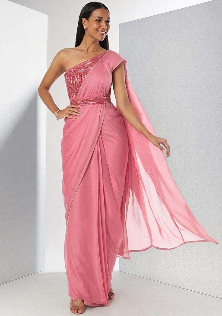 Pink Embroidered Handwork Pre Draped Saree Set - Indya