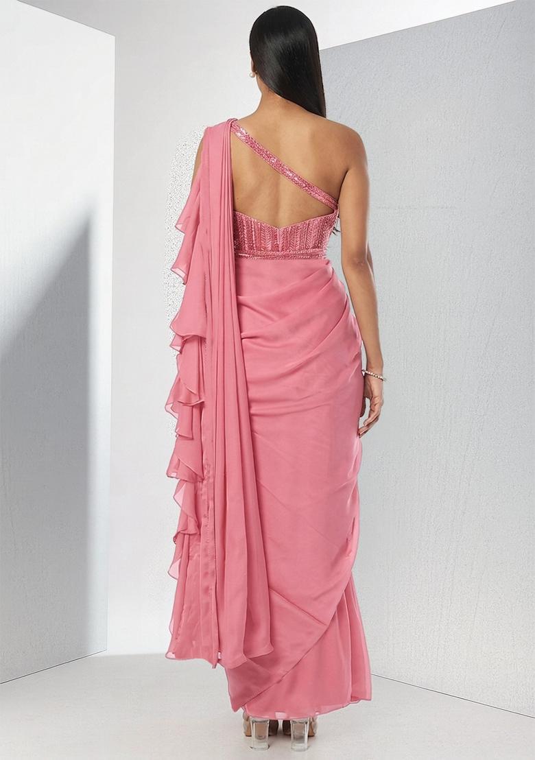 Pink Embroidered Handwork Pre Draped Saree Set - Indya