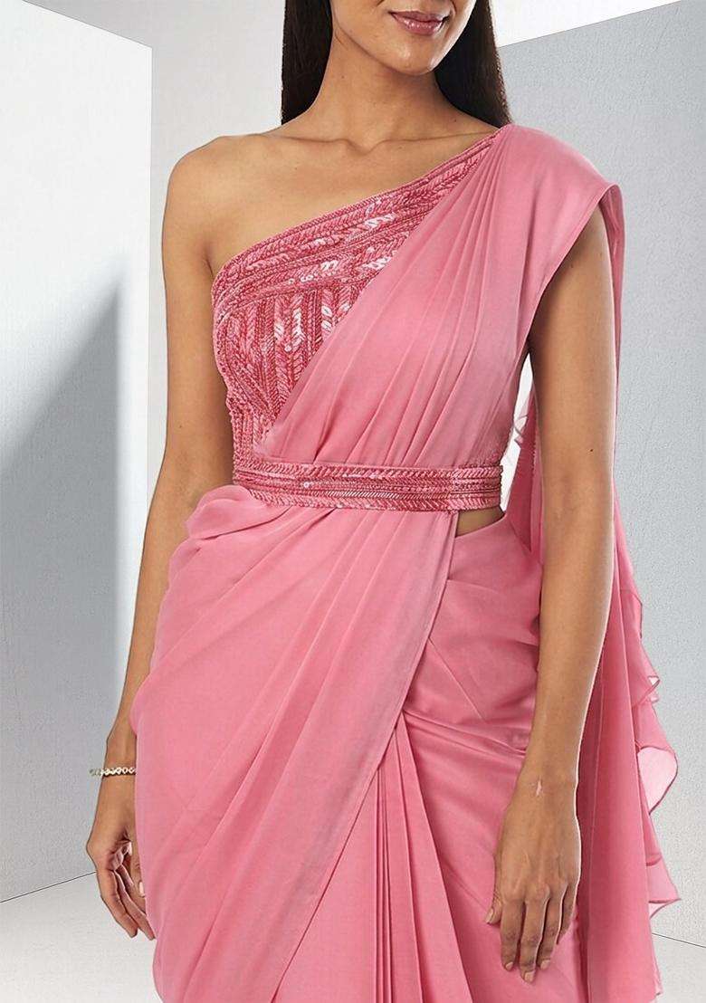 Pink Embroidered Handwork Pre Draped Saree Set - Indya