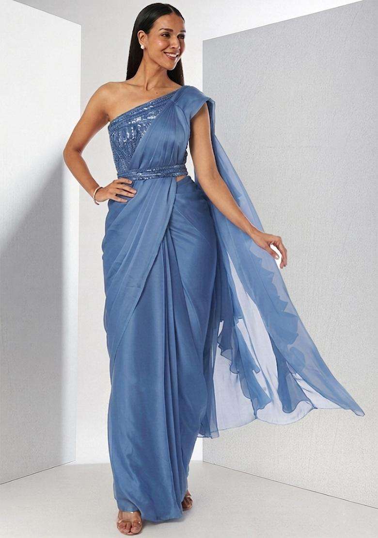 Blue Embroidered Handwork Pre Draped Saree Set - Indya