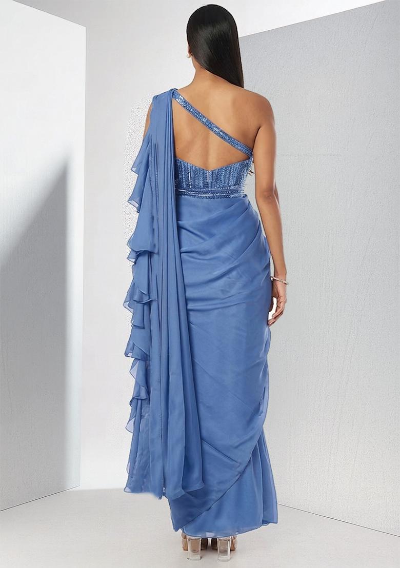 Blue Embroidered Handwork Pre Draped Saree Set - Indya
